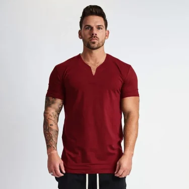 Summer New Arrivals V neck Short Sleeve Men T shirt Slim Fit Fashion t-shirt Men Skinny Casual Gym Clothing Fitness tshirt 5
