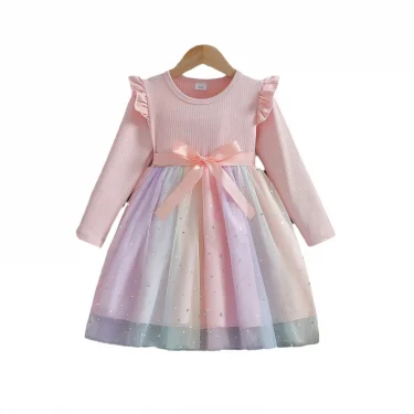 Girls Dress Blue Autumn Princess Dress Kids Clothes Birthday Party Dress Pink Long-sleeved for Children Fashion Rainbow 1-6Y 6