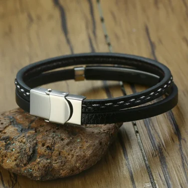 Vnox Unique Sew Lines Genuine Leather Bracelets for Men Women Stainless Steel Bar Layered Bangle Causal Pulseira 4