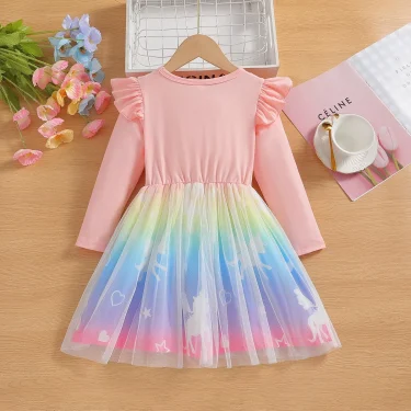 2025 New Princess Dress Unicorn Girls Dress Spring Kids Clothes Birthday Party Dress Long-sleeved for Children Rainbow 2-8Y 4