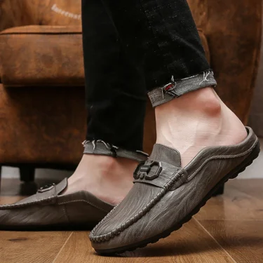 Designer Men Slippers Luxury Leather Casual Shoes for Men Breathable Soft Soled Loafers Fashion British style Men Half Slippers 6