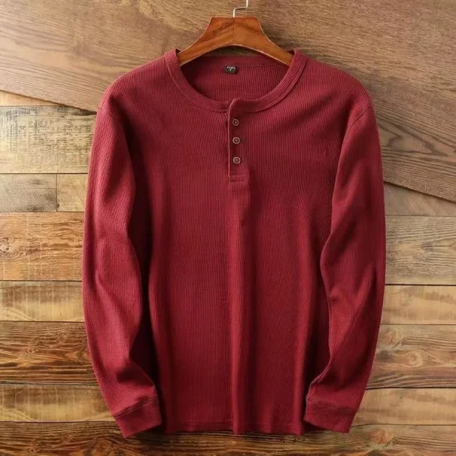 Slim Fit Mens Basic Tee Casual Tshirts Henley Waffle Long Sleeve Shirts Thermal Solid Half Button Breathable 100% Cotton Shirts 5