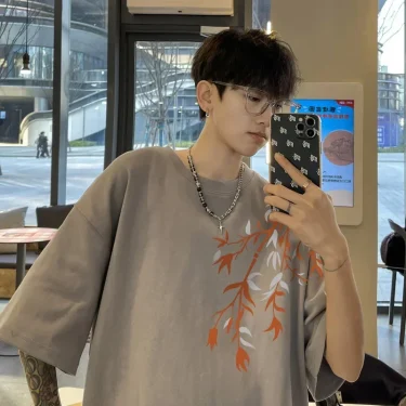Men's Oversized T-shirts Mens Cotton T Shirt White 5XL Casual Summer Wear Fashion Bamboo Print Tee Shirts for Men Clothing 5