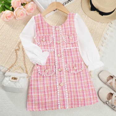 Menoea Girls' Dress 2023 Autumn New Girls' Round Neck Plaid Lace Button Long Sleeve Dress Girls' Fashion Patchwork Dress 1