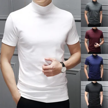 New Trend Summer Men Half High Collar Mercerized Cotton Short Sleeve Slim Body T-Shirt Men Solid Color Modale High Collar 1