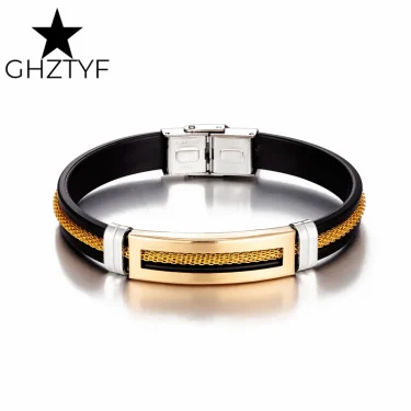 Golden Chain Stainless Steel Bracelets for Men Women Teens Black Rubber Belt Wristband Cuff Bangle Male Hand Jewelry Gifts 4