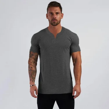 Summer New Arrivals V neck Short Sleeve Men T shirt Slim Fit Fashion t-shirt Men Skinny Casual Gym Clothing Fitness tshirt 4