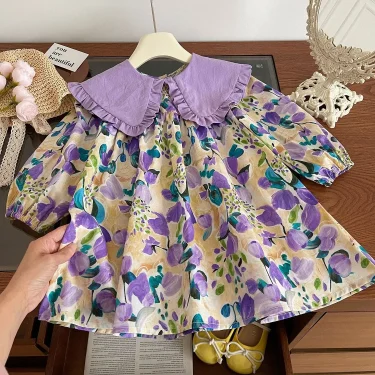 Girls Casual Dresses Purple Flower Print Lace Lapel Puff Sleeves and Long Sleeves Flower Party Dress for Kids Girl 2 To 7 Years 1