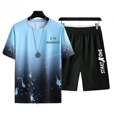 Gradient Color Letter Printed Men's Tracksuit Summer T Shirts And Shorts Two Piece Sets Casual Breathable Round Neck Sports Suit 1