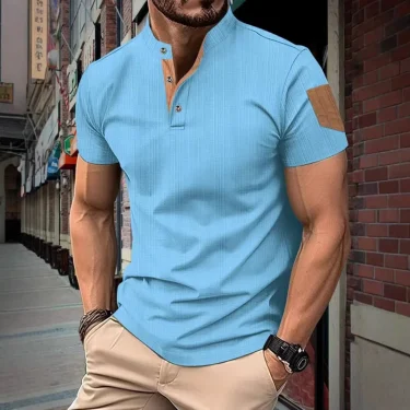 Men's summer fashion short sleeved T-shirt men's business casual Henley shirt breathable solid color stand up collar top 4