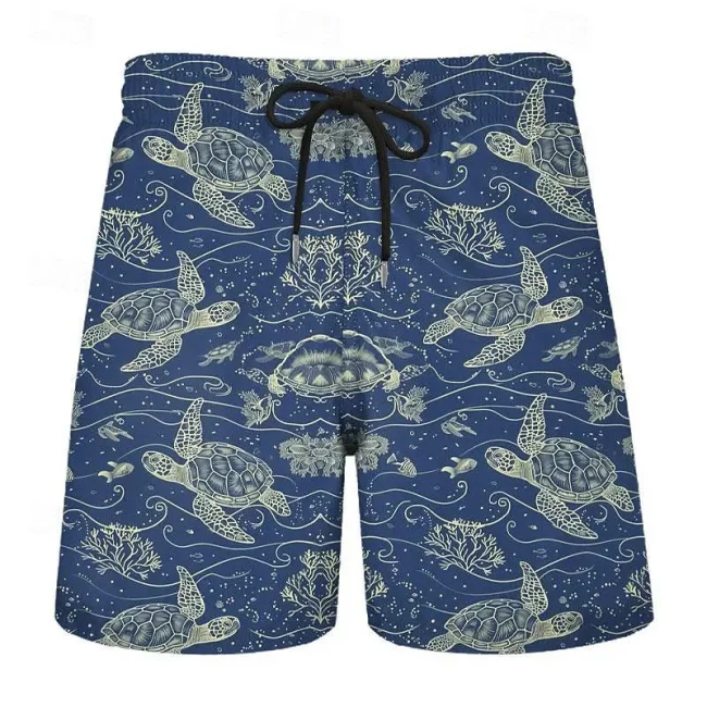 3D turtle print men's casual shorts Tropical summer style fashion shorts, quick-drying and comfortable close-fitting 2