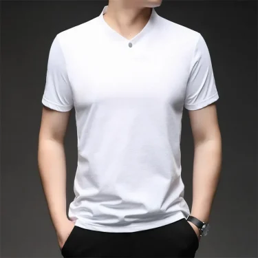 2025 Korean Style Men's Casual and Fashionable One Button V-neck Solid Color Short Sleeved T-shirt Summer Versatile Top 6