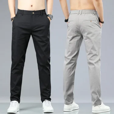 Spring Summer Cotton Men Casual Pants Elastic Waist Business Korean Fashion Straight Classic Solid Color Trousers Black Khaki 1