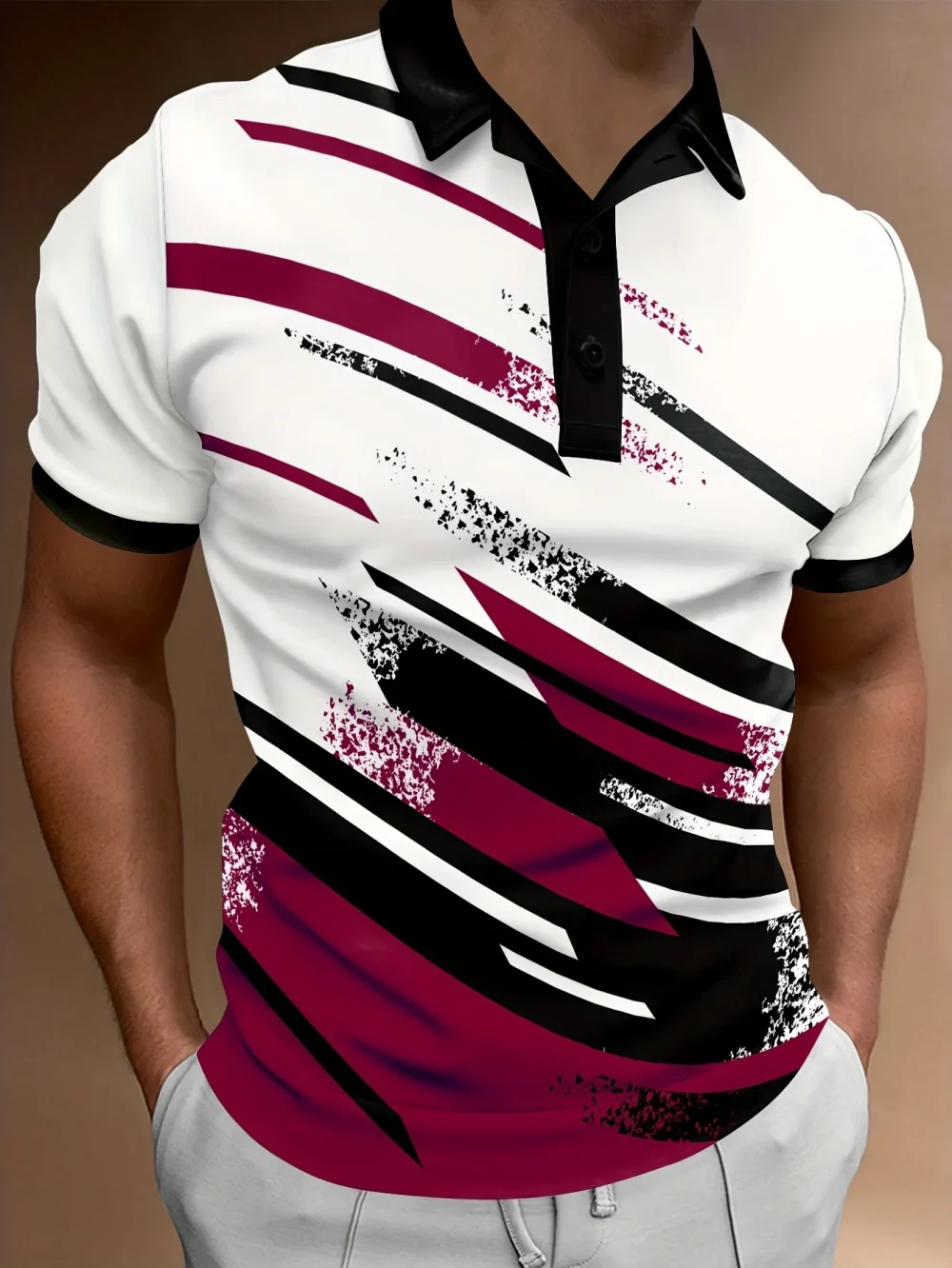 Men'S Summer Fashion Polo Shirt, Casual Geometric Stripe Pattern, Short Sleeve,Knit Polyester Fabric,Button Placket, 1