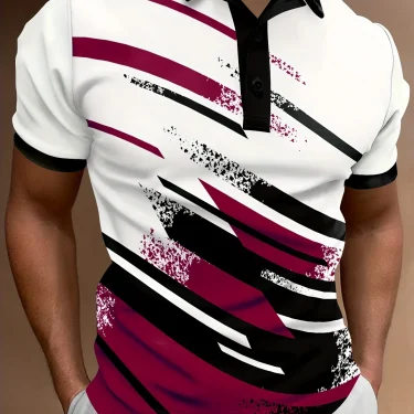 Men'S Summer Fashion Polo Shirt, Casual Geometric Stripe Pattern, Short Sleeve,Knit Polyester Fabric,Button Placket, 1