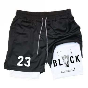 Men's casual 23 print double-layer sports shorts, drawstring beach shorts for summer beach vacations 1