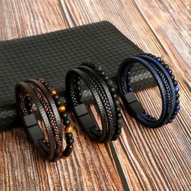 Hot Fashion Beads Leather Bracelet Men Classic Tiger Eye Beaded Multi Layer Leather Bracelet For Men Jewelry 2023 Gift 2