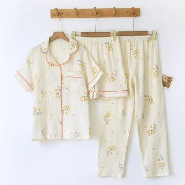 New summer women's cotton crepe three-piece short sleeve + shorts + trousers large size simple flower pajamas home service suit 4