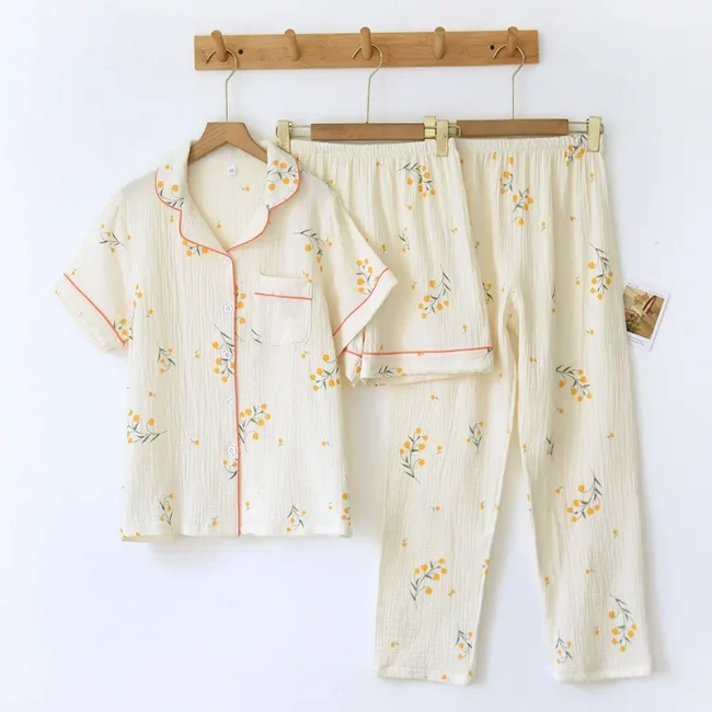 New summer women's cotton crepe three-piece short sleeve + shorts + trousers large size simple flower pajamas home service suit 4