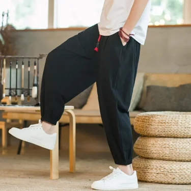 Men's Casual Solid Color Harem Pants Cotton and Linen Loose Oversize Beach Pants Jogger Sweatpants Male Wide Leg Trousers 3