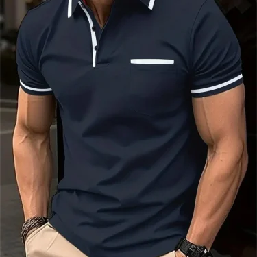 Summer patchwork trend button lapel short-sleeved men's top, fashionable solid-color casual sport POLO shirt 1