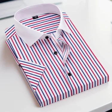 Spring and summer men's striped short-sleeved shirt Windsor collar fashionable slim exotic collar exquisite half-sleeved white c 1