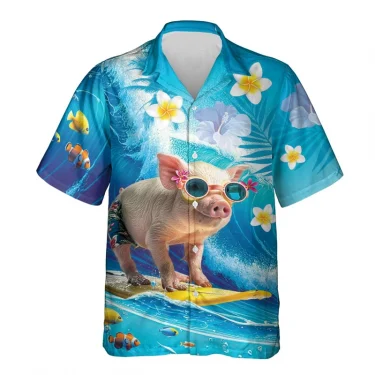 Funny Animal Pig 3D Printed Beach Shirt Cute Pet Graphic Shirts For Men Clothes Casual Hawaiian Surfing Short Sleeve Boy Blouses 1