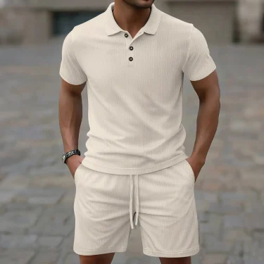 Summer men's suit Solid color threaded corduroy short sleeve lapel top jacquard polo shirt drawstring shorts men's suit 1