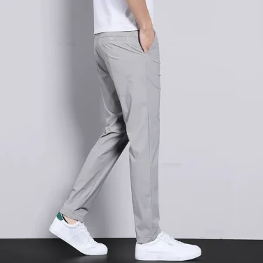 Ultra-thin Elastic Men's Casual Trousers Summer Quick-drying Ice Silk Slim Straight Business Solid Color Trousers Black Gray 3