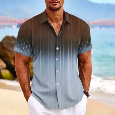 Men's Gradient Striped Printed short-sleeved Shirt 3D Casual Fashion Lapel Top Simple And Handsome Hawaiian 5