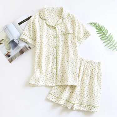 New summer women's cotton crepe three-piece short sleeve + shorts + trousers large size simple flower pajamas home service suit 5