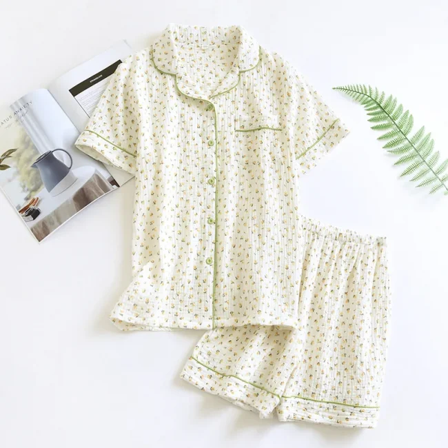 New summer women's cotton crepe three-piece short sleeve + shorts + trousers large size simple flower pajamas home service suit 5