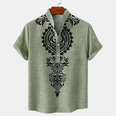 Linen 100% Solid Color Hot Selling Shirt Half Cardigan Button Stand Collar Solid Color Shirt Linen men's Tops European Size 5