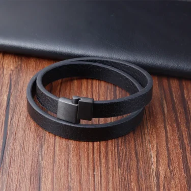 Fashion Braided Rope Wrap Black Leather Bracelets for Men Classic Style Stainless Steel Bangle Couple Charm Jewelry Gifts 6