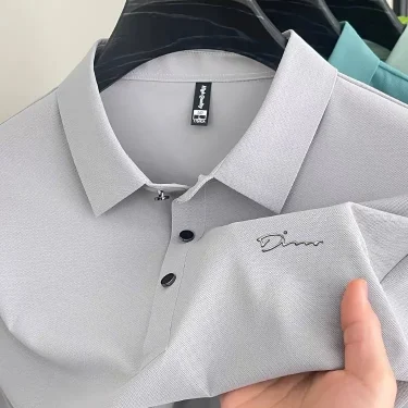 Summer New Men's Ice Silk Lapel Polo Casual Pure Color Versatile Short-Sleeved T-Shirt Tops for Men 3