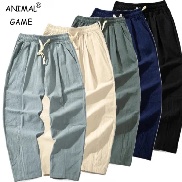 Summer Men Cotton Trousers Casual Solid Color Long Pants Breathable Drawstring Straight Streetwear Harem Pants Men Baggy Pants 1