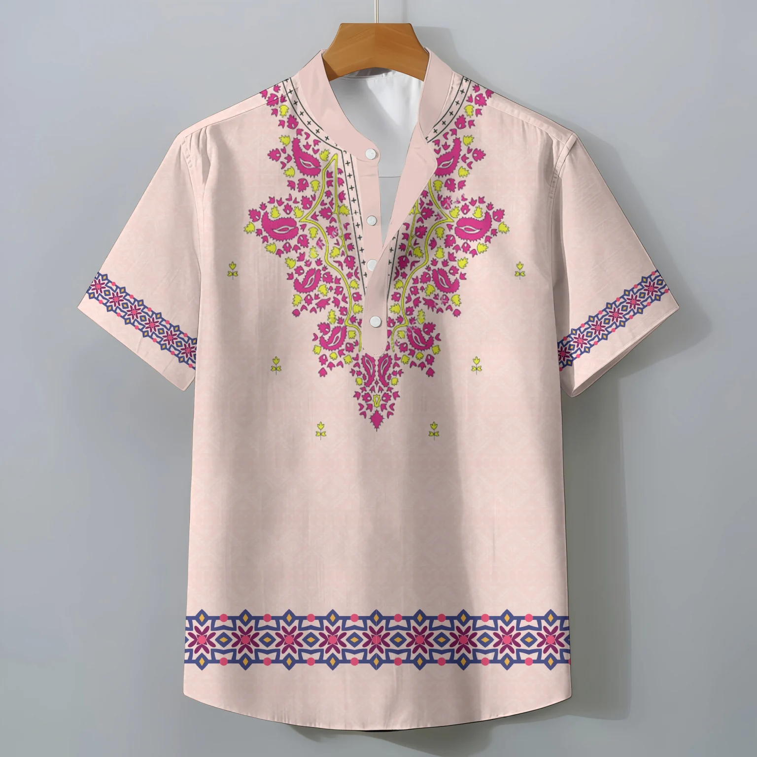 Exotic Ethnic Print Oversized Men's Retro Short Sleeve Shirt Casual Loose Summer Top Comfortable Fashionable Clothing Tee 4