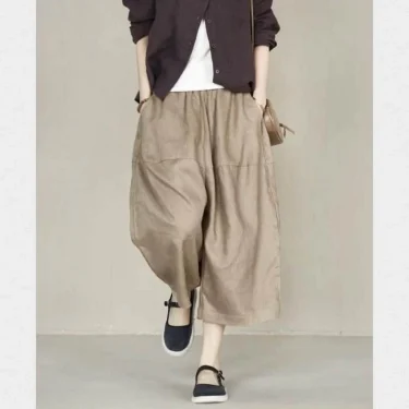 Women Cropped Pants Cotton Linen Solid Elastic Waist Baggy Trousers Loose Casual Streetwear Sweatpants Korean Style Flare Pants 1