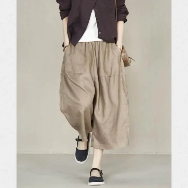 Women Cropped Pants Cotton Linen Solid Elastic Waist Baggy Trousers Loose Casual Streetwear Sweatpants Korean Style Flare Pants 1