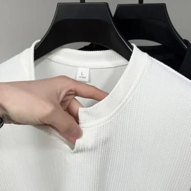 New Men's Casual and Fashionable Small V-neck Short Sleeved T-shirt with Summer Stripes Comfortable Solid Color Versatile Top 6