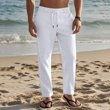 2024 drawstring men's simple fashion solid color casual cotton and linen straight trousers 6