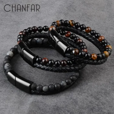 Natural Stone Bracelet Genuine Leather Braided Bracelets Black Stainless Steel Magnetic Clasp Tiger eye Bead Bangle Men Jewelry 1