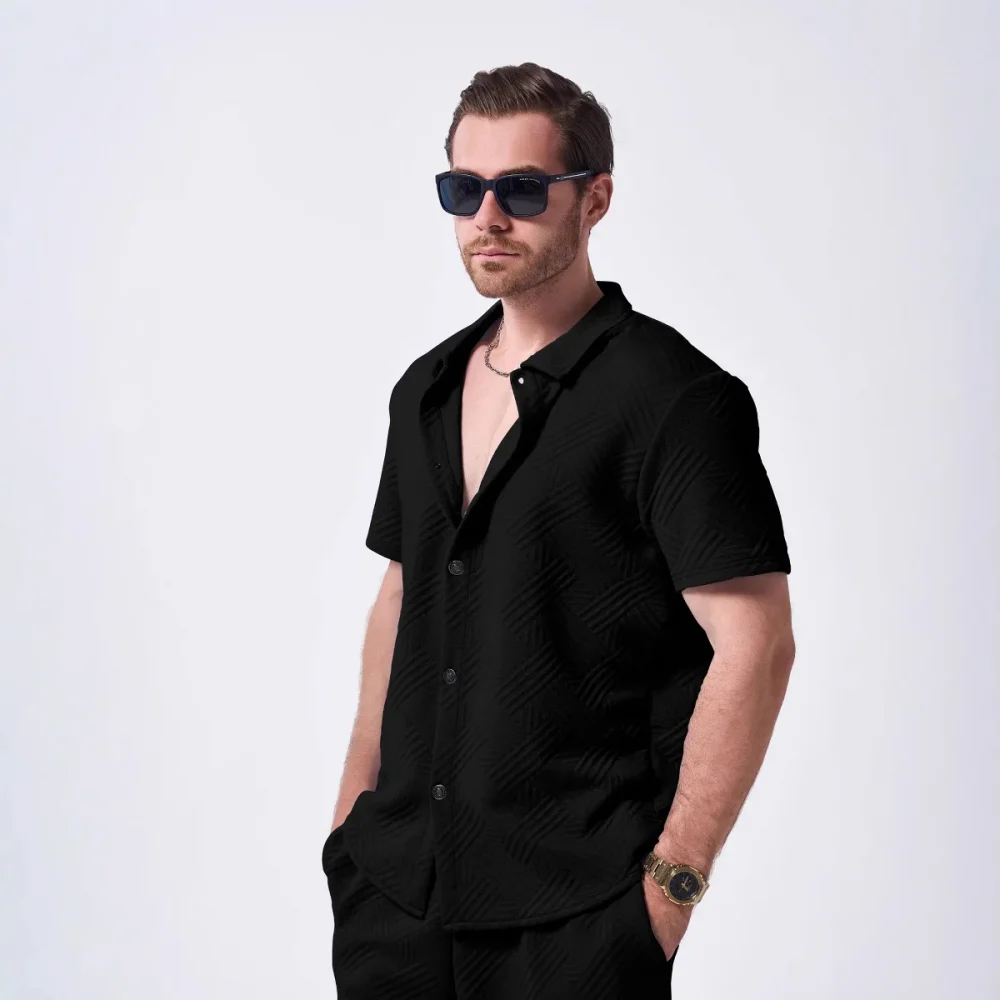 New men's summer casual and trendy solid-color jacquard lapel cardigan with buckle-shaped outdoor short-sleeved sports shirt top 5