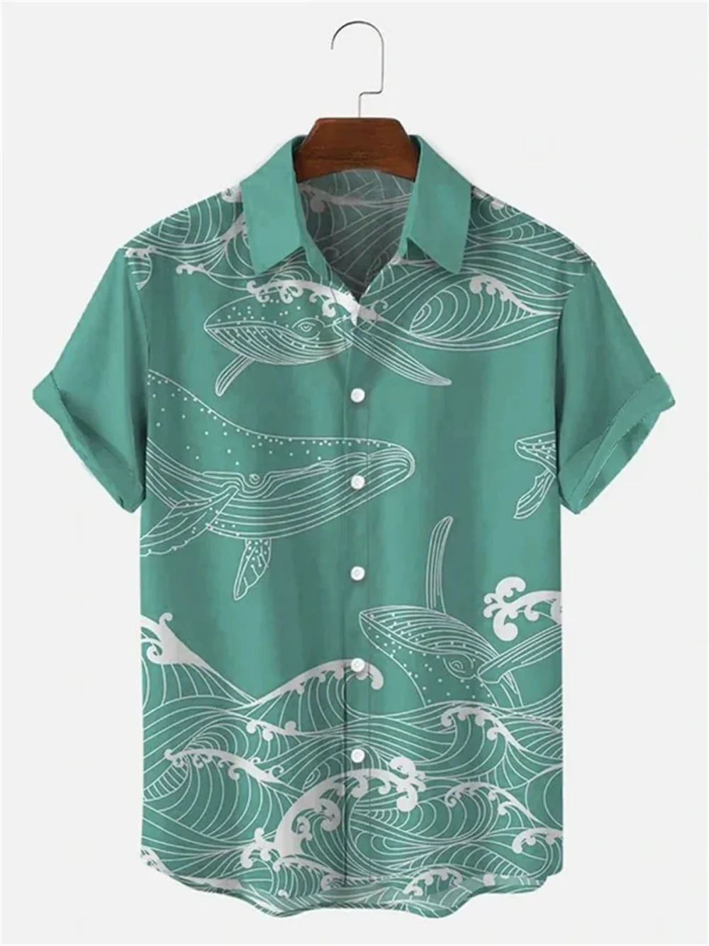 Hawaiian Men's Short Sleeve Shirt Whale Spray Print Beach Fashion Lapel Top 2024 New Large Size Casual 3