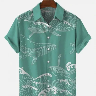 Hawaiian Men's Short Sleeve Shirt Whale Spray Print Beach Fashion Lapel Top 2024 New Large Size Casual 3