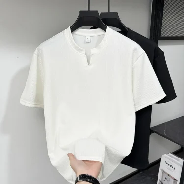 New Men's Casual and Fashionable Small V-neck Short Sleeved T-shirt with Summer Stripes Comfortable Solid Color Versatile Top 5