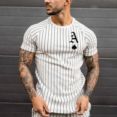 Poker Spade and King Summer Hot Sales Men's Vertical Striped T-shirt Round Neck Fashion Short Sleeve Street Wear 4
