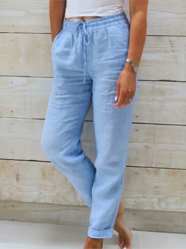 Women's High Waist Solid Color Cotton Linen Casual Pants Fashion Summer Female Holiday Casual Long Pant New 6