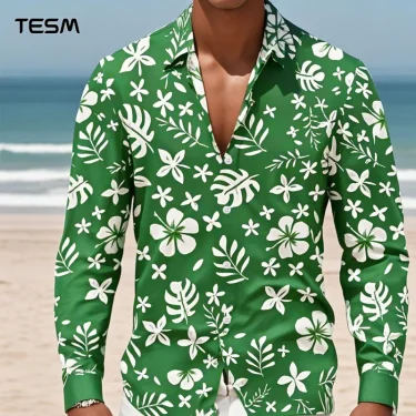 TESM Men Summer Beach Shirt Long-Sleeved Chiffon Style Hawaiian Seaside Shirt High-Definition Printed Tropical Plant Patterns 1