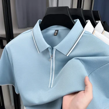Luxury men's short sleeved polo shirt summer fashion new half zipper high-end original design comfortable cotton casual T-shirt 4